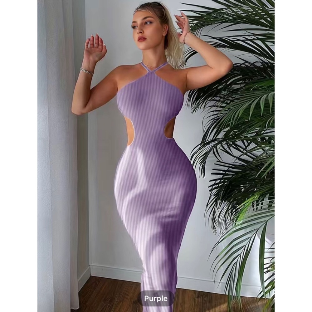 Y2K tie back solid purple dress sexy bodycon backless maxi dress size S